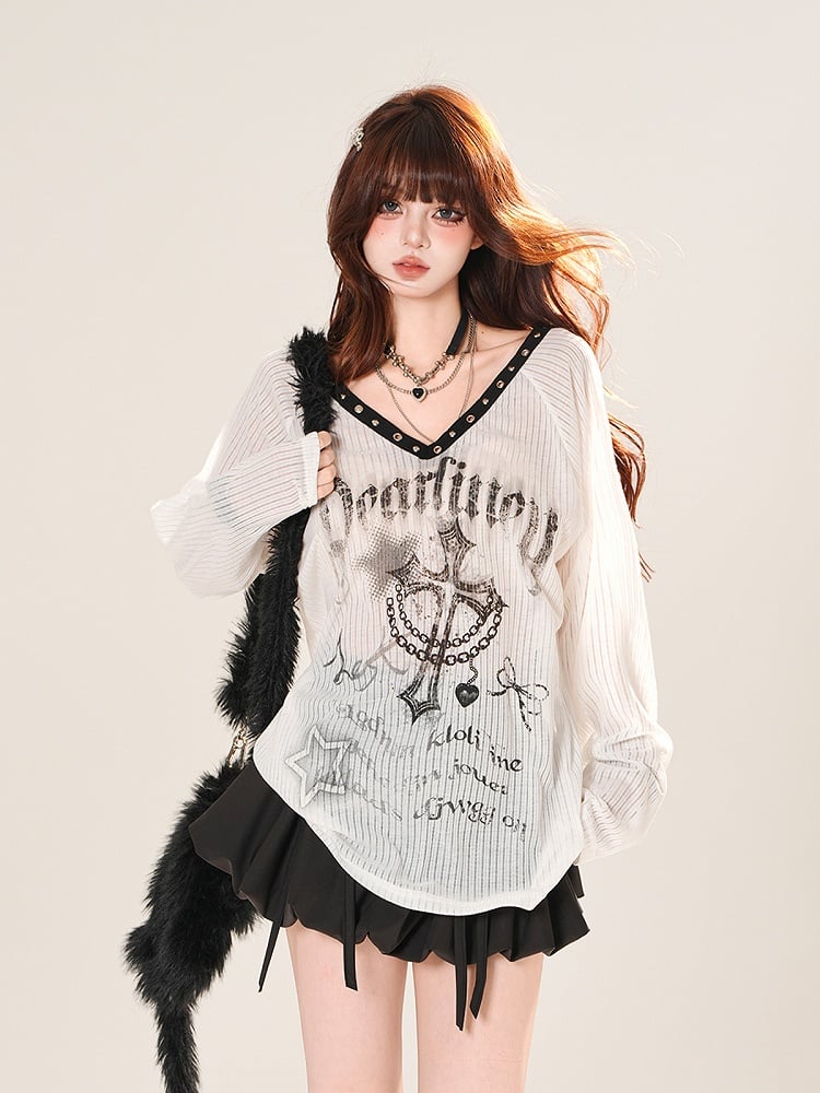 Vネック クロスプリント サンプロテクション カバーアップ ブラック/ホワイト