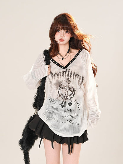 Vネック クロスプリント サンプロテクション カバーアップ ブラック/ホワイト