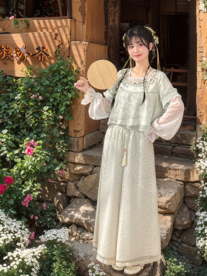 Green Jacquard Cheongsam Knot Buttons Chiffon Top Embroidery Style Floral Neckline