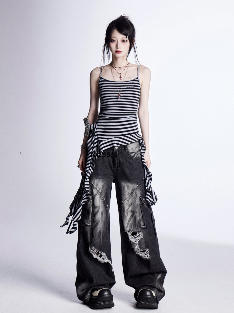 Vintage Black  Grey Stripes Cascading Ruffle Accents Cami Top