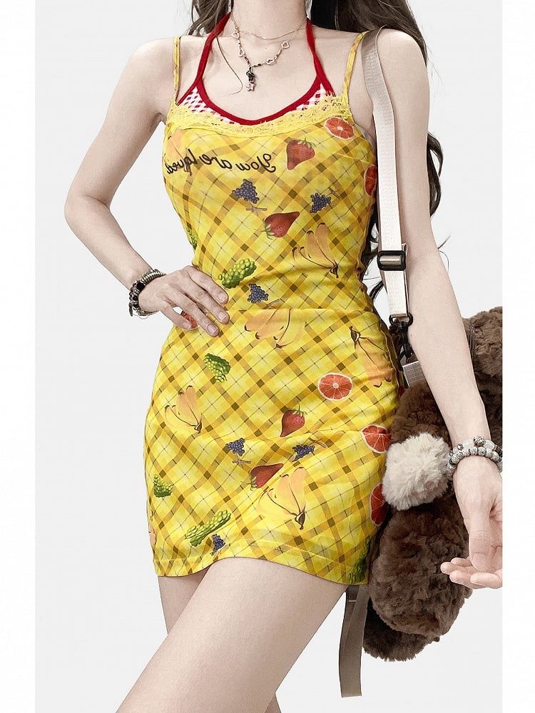 Y2K Pattern Plaid Letter Neck + Yellow Fruit Halter Cami Print Bittersweet Dress Top And Red