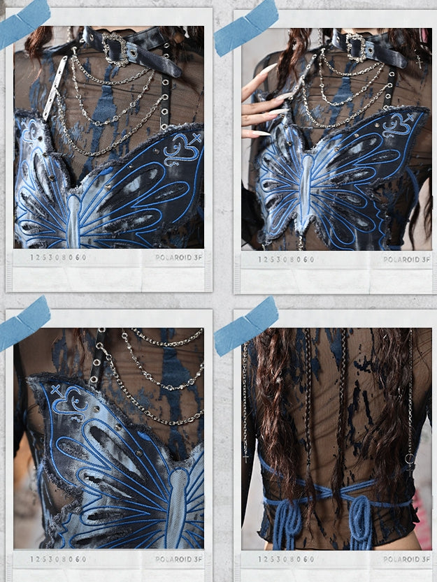 Rock Dye Butterfly Halter Punk Grunge Neck Tie Fairycore Blue Top