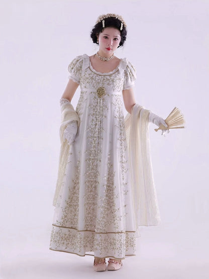 White Empire Waist Regency Elegant Lolita Maxi Dress Ankle Length Version