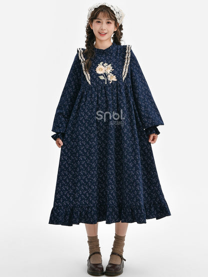 Dark Blue Floral Ruffle Neckline Mori Kei Floral Dress