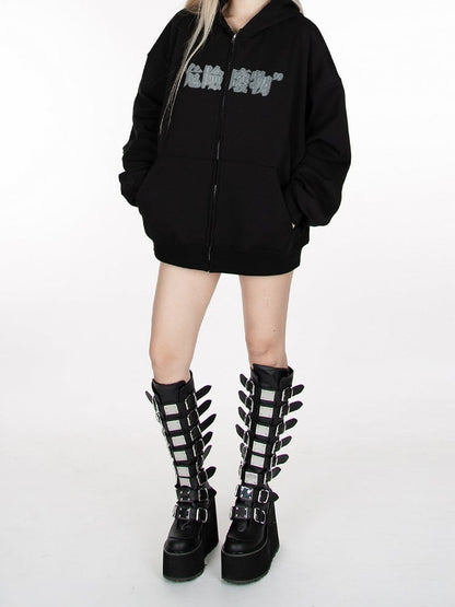 Black Zip Closure Graphic Hoodie
