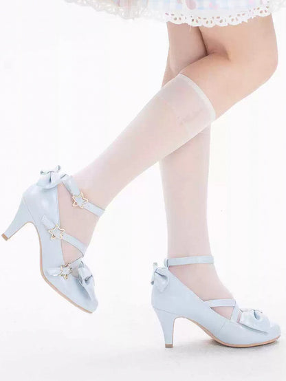 Blue Bow Star Straps Heels High Buckle Top at