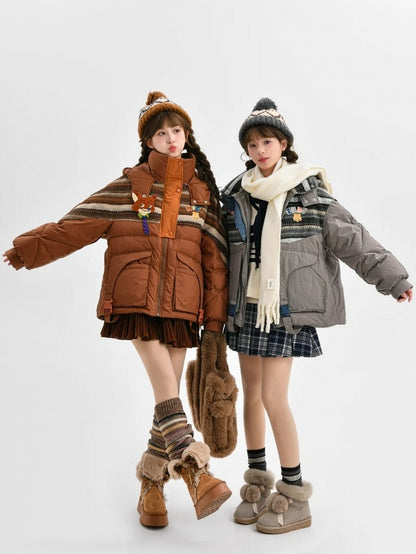 Patchwork Design Brown Hooded Down Jacket