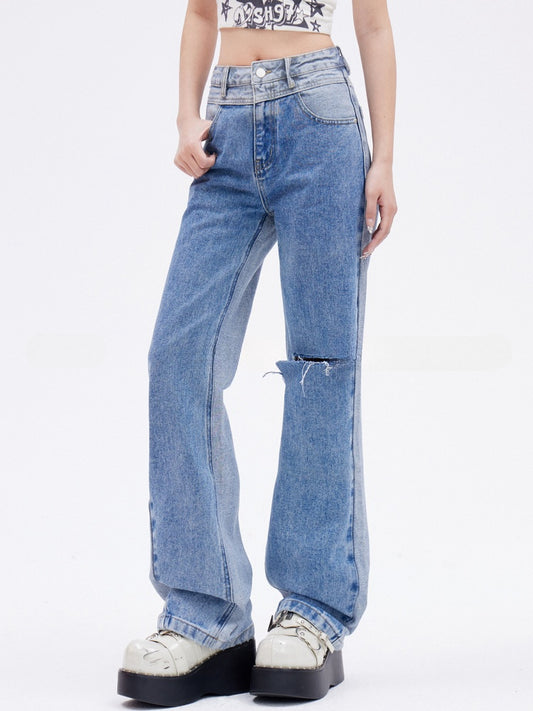 Blue Distressed Hole Jeans Slim-fitting Straight-leg