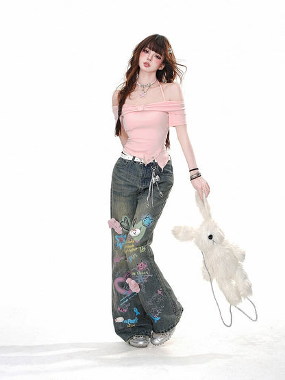 Pink/White Halter Neck Asymmetrical Hem Slim-fitting T-Shirt