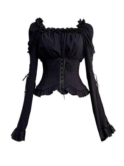 Trimmed Blouse Ruffle Black Sleeves Elastic Long Bell Neckline