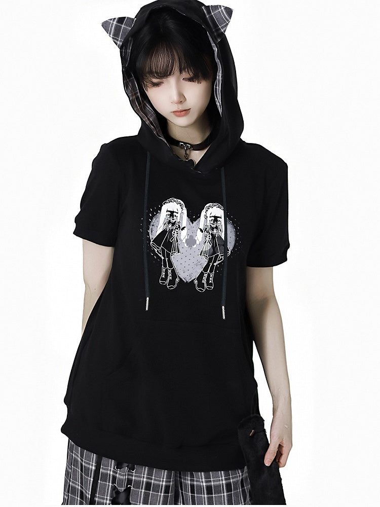 Hood Graphic Black Kitty Ears Design T-Shirt