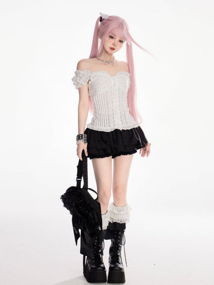 V-Ausschnitt T-Shirt Weiß Off-the-Shoulder Ausschnitt Puffärmel Süß