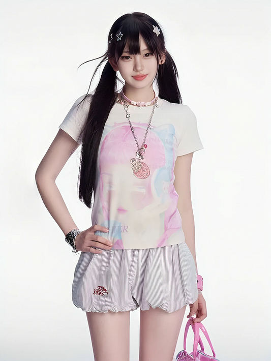 T-shirt Y2K Cartoon Girl Print White Round Neck Slim-fitting