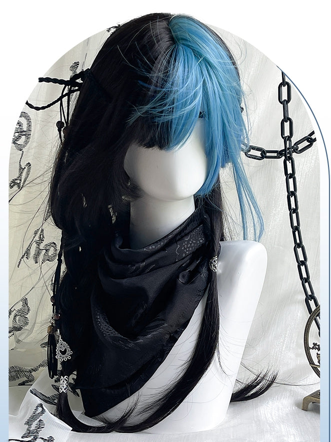 With Black Blue Hair Y2K 65cm and Highlight Straight Wigs Color