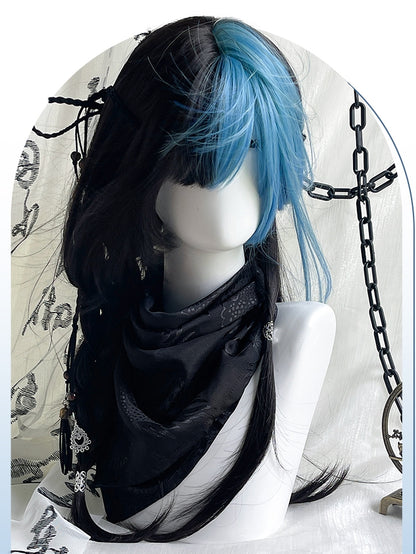 With Black Blue Hair Y2K 65cm and Highlight Straight Wigs Color