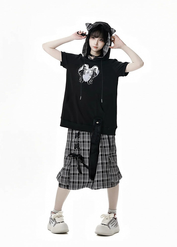 Wide-Leg Shorts with Lace-up Detail Waist Black/Plaid Elastic