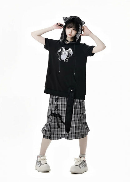 Wide-Leg Shorts with Lace-up Detail Waist Black/Plaid Elastic