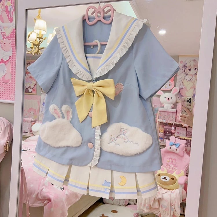 Sailor Bunny Collar Design Light Blue Cloud T-shirt Pockets and