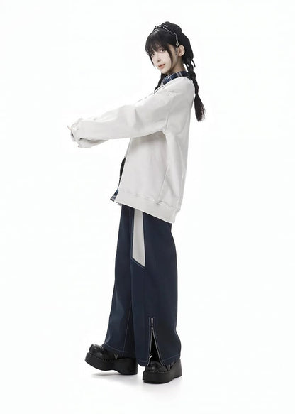 Dark Blue&White Zip Cuff Thicken Pants