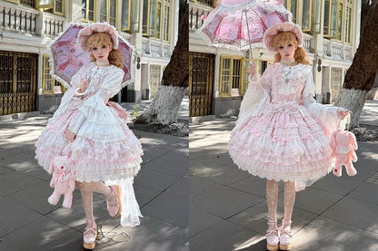 Pink Layered Skirt Hanayome Dress Sweet Hime Lolita Jumper Skirt with Removable Bows