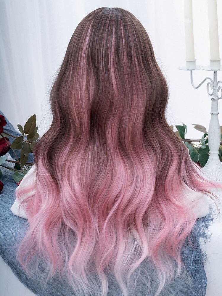 Pink-black Ombre Long Wavy Synthetic Wig With Curtain Bangs