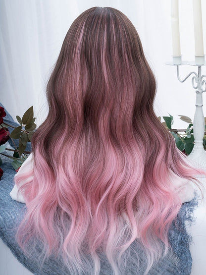 Pink-black Ombre Long Wavy Synthetic Wig With Curtain Bangs