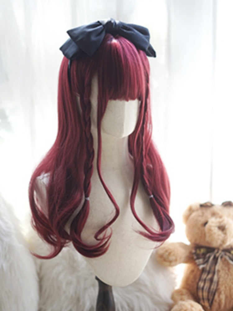 Wine Red Long Wavy Wig With Full Bangs