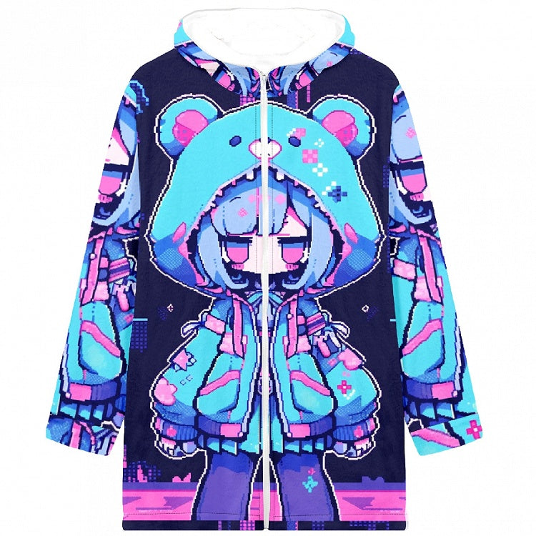 Blueberry Y2K Blaue Kapuzenjacke mit Bären-Print, Cartoon