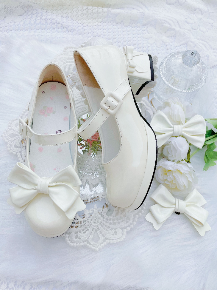 White Bowknot Buckle Strap Block Heel Lolita Mary Janes