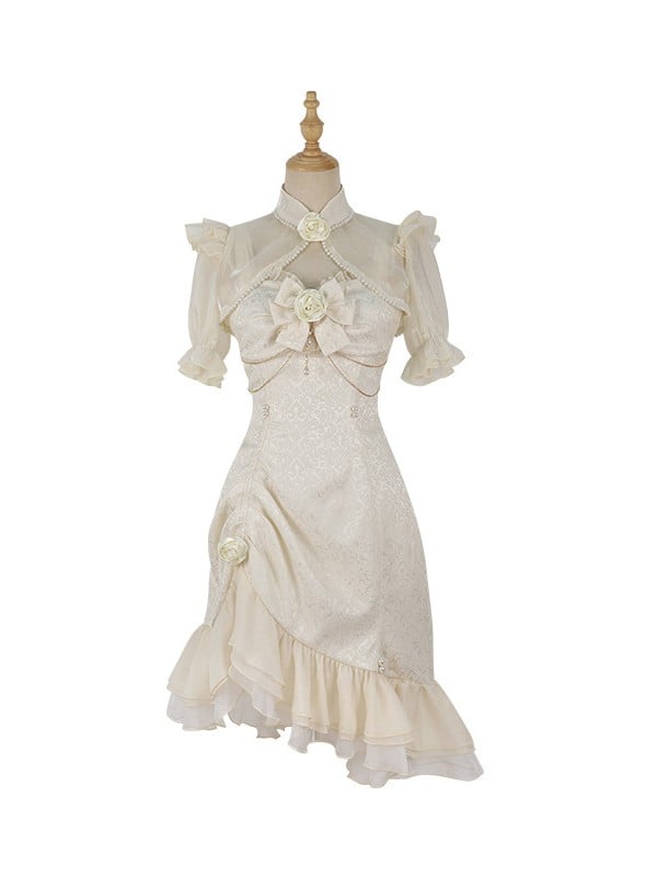 Lolita Mermaid Rose Hemline Ruffle Jacquard Ivory Decoration Detail Bead JSK