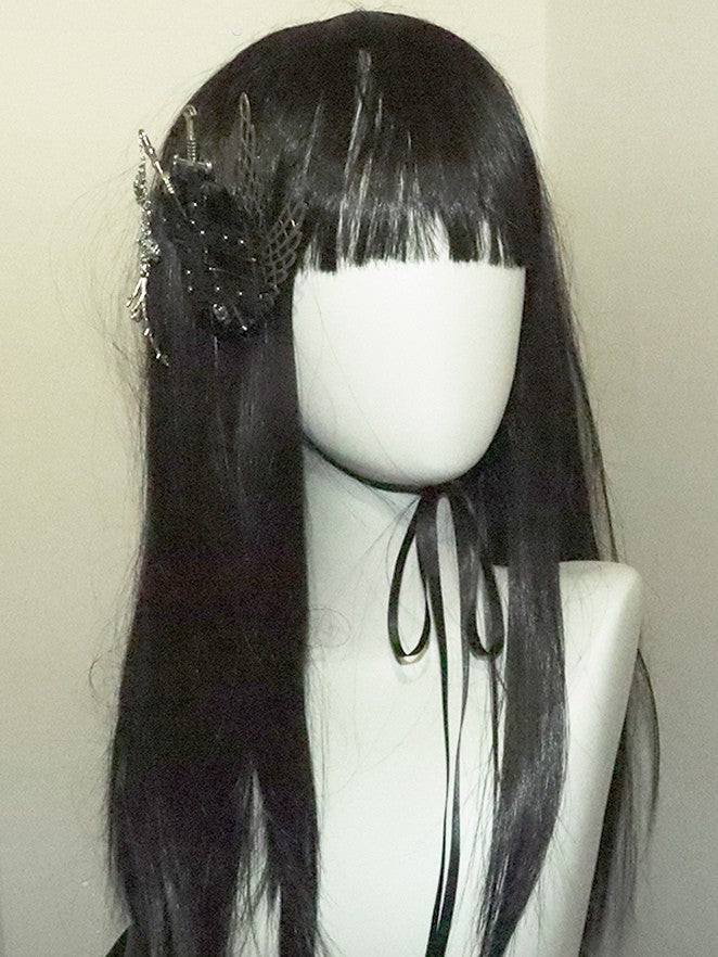And BlackSilver Hairclip Wing Sword Skeleton Decorated Floral Charm