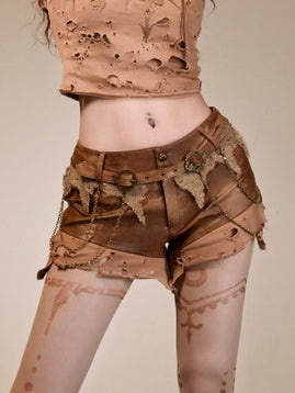 Waist Brown Distressed Low Wasteland Punk Shorts with Chain Accents