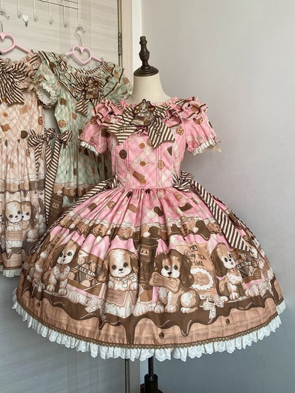 Robe Lolita rose à manches courtes et imprimé chiot et biscuit