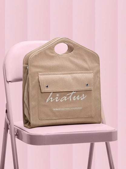  Lightweight With Embroidered Lettering Capacity Brown Corduroy Tote Bag: Large