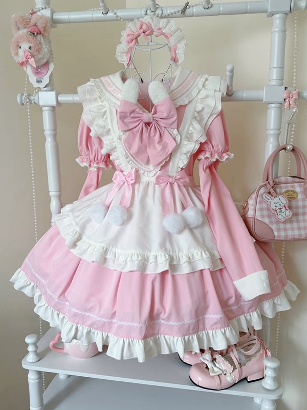 Ears Sleeves Short Sailor Apron Lolita Dress Pink Maid Bunny White with Collar