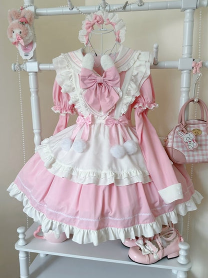 Ears Sleeves Short Sailor Apron Lolita Dress Pink Maid Bunny White with Collar