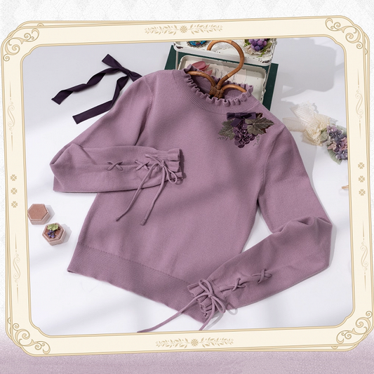 Grape Neckline Embroidery Top Knit Autumn Lace-up Purple Cuffs