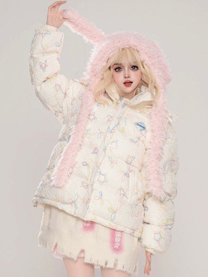 Milk White/Pink Stars and Bows Hooded Thick Jacket