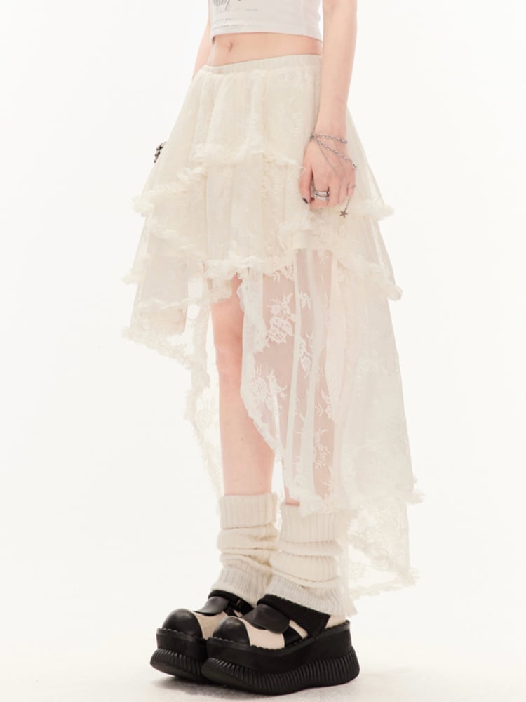Skirt Apricot Low Hem Waist High-low Tiered Lace Asymmetrical with