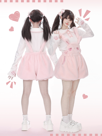 Strawberry and Cute Claws Beige Peter Pan Collar Long Sleeves Top