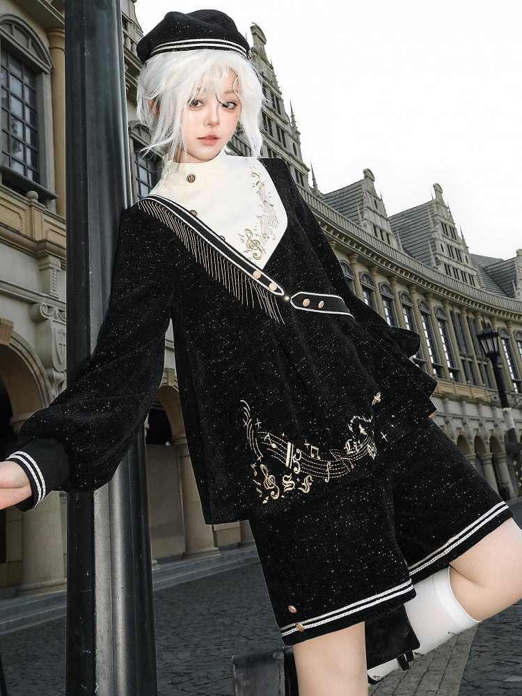 Black Ouji Glittering Waffle Top with Music Notes and Fringe Sash