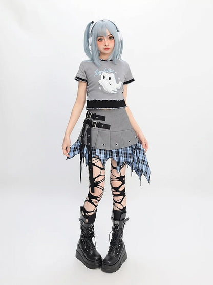 Two-pieces Y2K Faux Ghost Embroidery Lettuce Hem T-Shirt Gray Plush