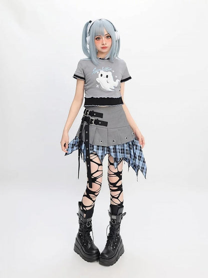 Blue Plaid Handkerchief Hem Gray Buckle Y2K Straps Skirt