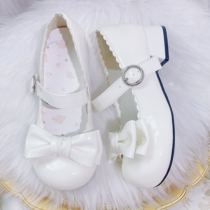 Sweet Lolita White Bowknot Round Toe Block Heel Mary Janes