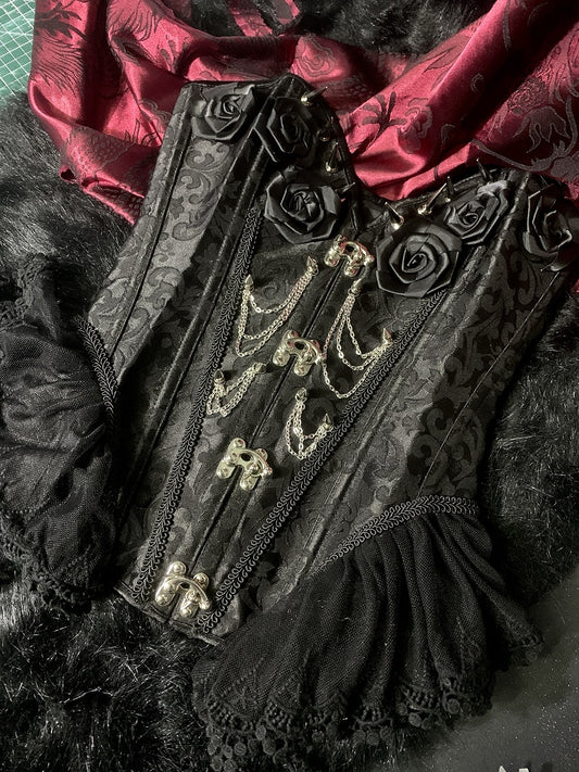 Gothic Black Rosette Studs Chain Embellished Boned Corset