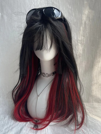 Black Red Highlight Hime Cut Long Straight Halloween Synthetic Wig