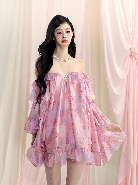 Pink Off-the-Shoulder Bell Sleeves Cascading Ruffle Dress Accents Floral Mini