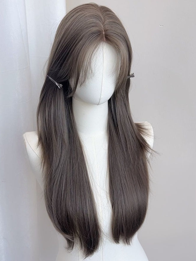 Brown Waist Length Straight Wig With Curtain Bangs