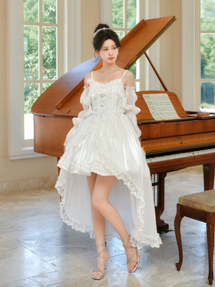 and Train White Satin Lolita Dress with Detachable Shiro Balloon Sleeves
