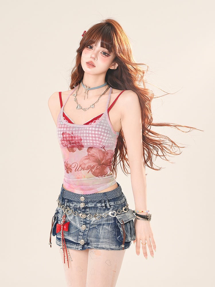 Pink/Blue Floral Print Semi-Sheer Halter Neck Top with Red Plaid Camisole Set